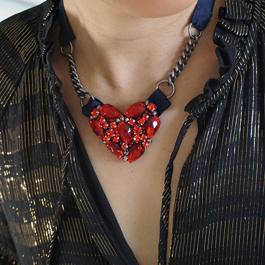 Crystal Red Heart - Ribbon Collar Necklace Rhine stone Embellished Accessory