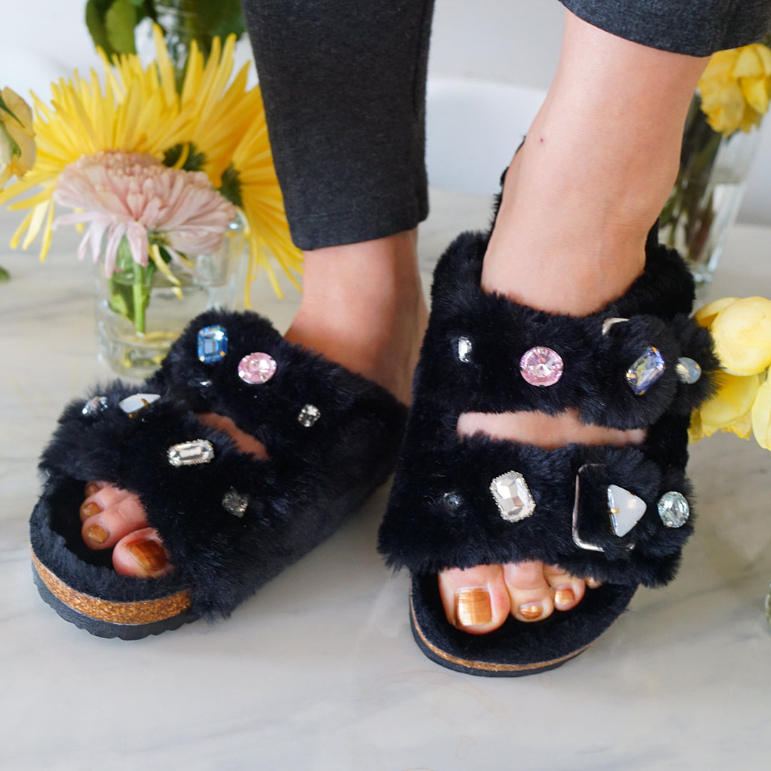 Shearling Slide rhinestones - Black Flat Women's Sandals