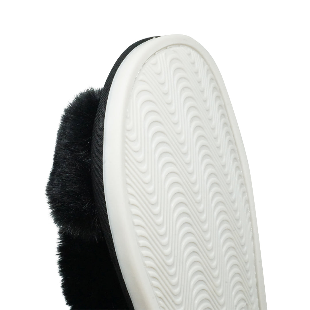 Black Fur Slippers - Black Manhattan Crystal Rhine Stone  Embellished Fluffy Womens Room Shoes