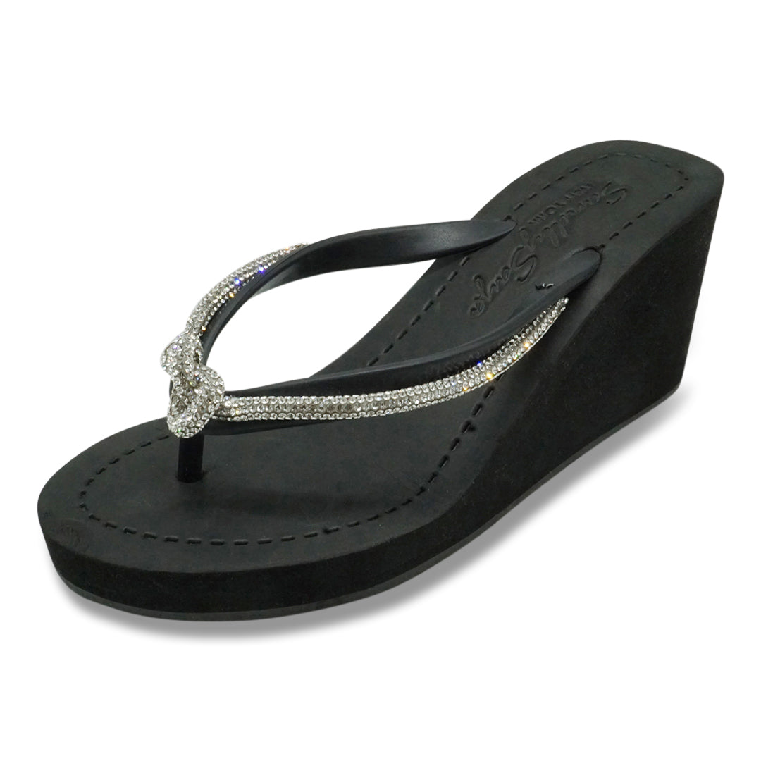 Knot Carf-Hair Wedge Sandal カーフヘア ウェッジサンダル Knot_ Rhinestone Crystal Rope Embellished Women's High Wedge