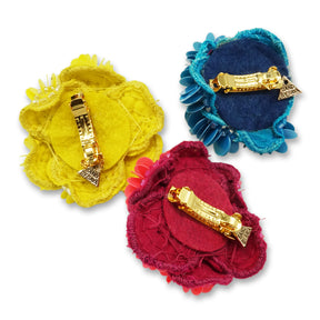 Flower Hair Tie or Barrettes Clips- Pink, Yellow or Blue-Sequence Embellish Embroidery