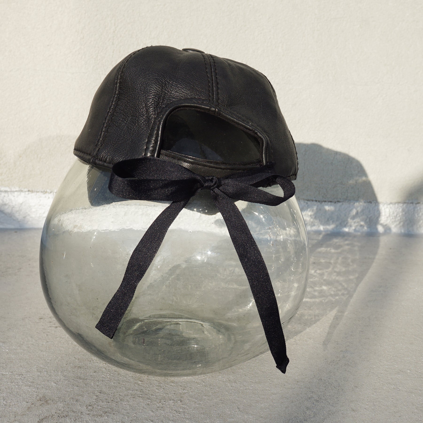 Black Genuine Leather Baseball Cap with Bow