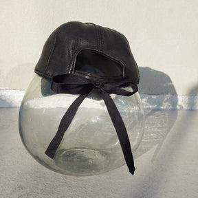 Black Genuine Leather Baseball Cap with Bow