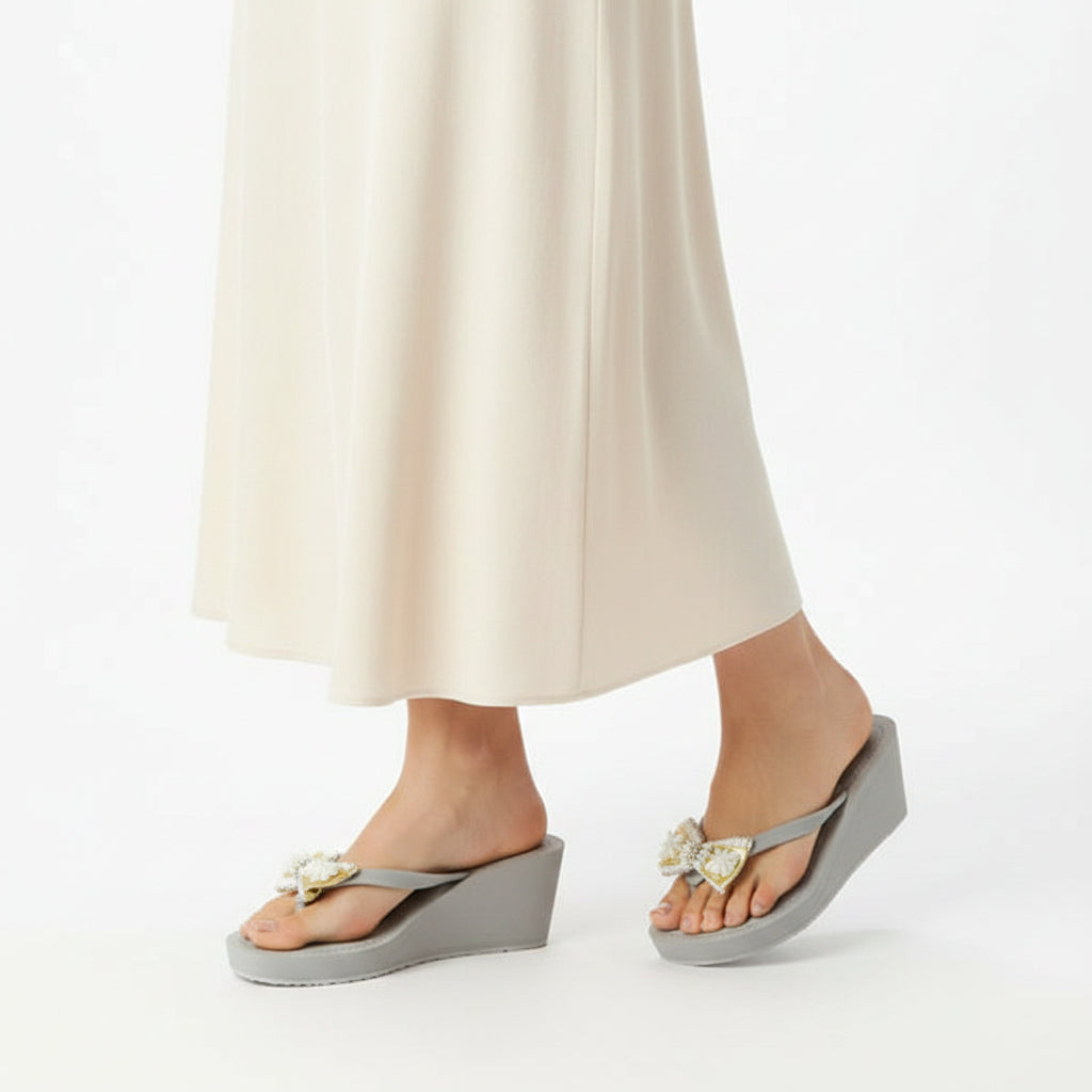 Gold and Pearl bow- Embellished Women's High Wedge Flip Flops Sandal