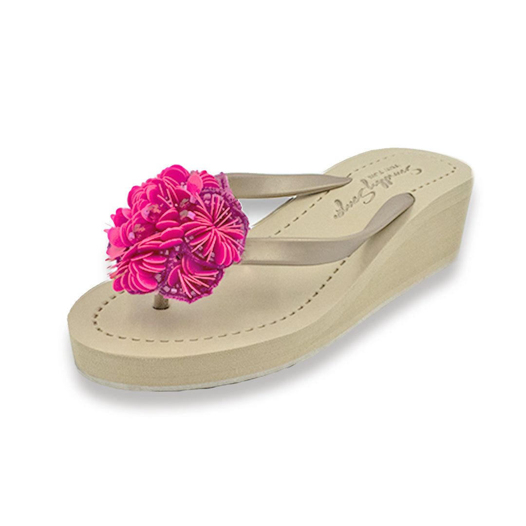 Noho Pink Flower - Sequence Embroidered Mid Wedge Flip Flops