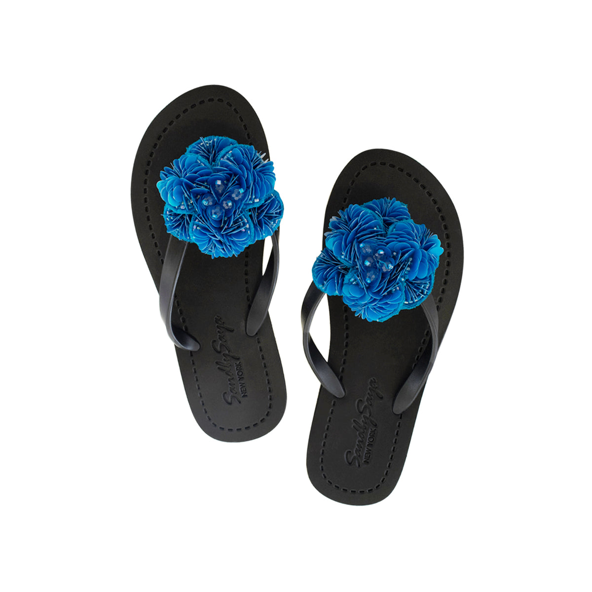 Noho Blue Flower - Sequence Embellished Women's Flat Flip Flops Sandal