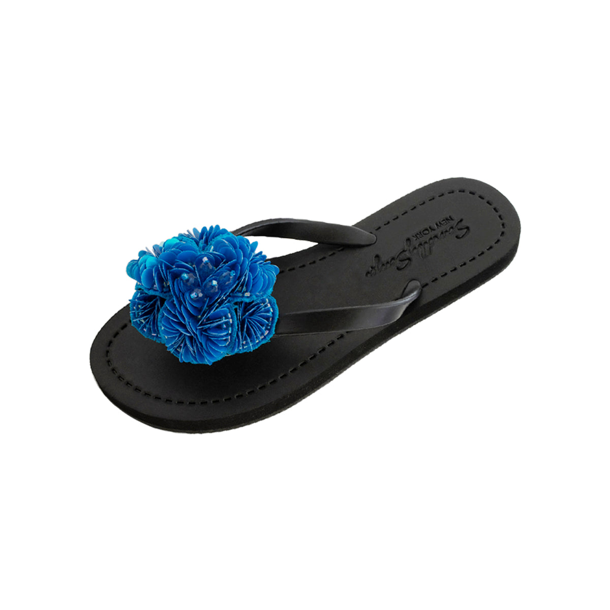 Noho Blue Flower - Sequence Embellished Women's Flat Flip Flops Sandal