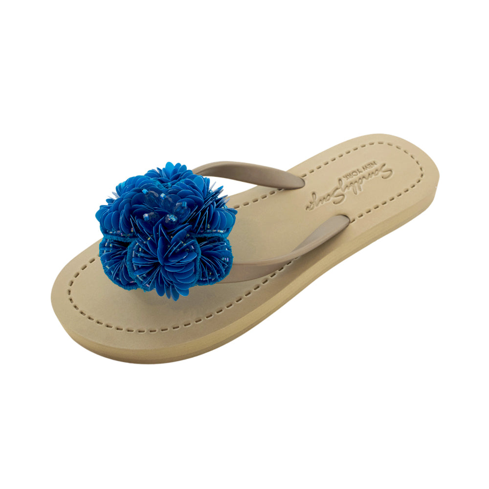 Noho Blue Flower - Sequence Embellished Women's Flat Flip Flops Sandal