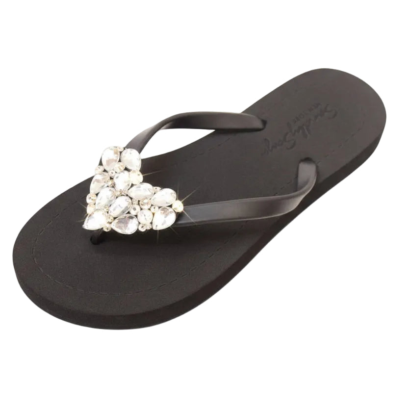 クリスタルハート - ラインストーン装飾レディースフラットフリップフロップサンダル