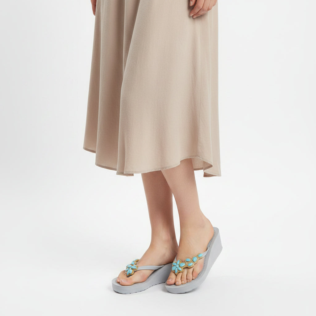 Brooklyn Turquoise Flower - Rhine Stone Embellished Women's High Wedge Flip Flops Sandal
