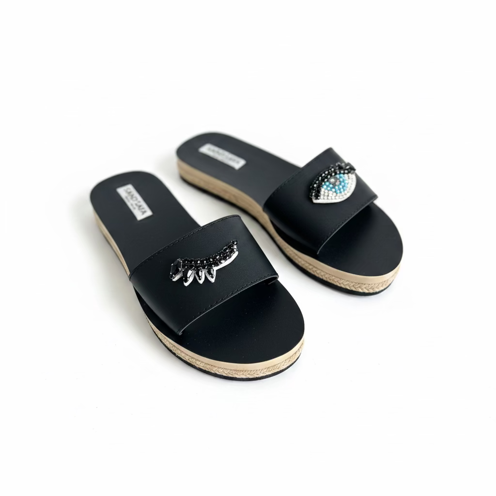 Eyes- Waterproof Espadrille Flat Black and Blue Rhine stone Beads Embellished