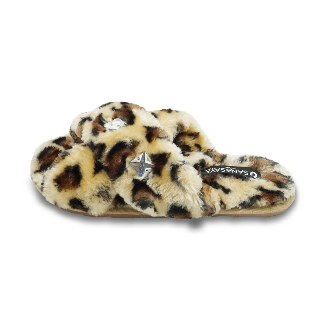 Leopard Fur Slippers - Crystal Studs Embellished Ultra Fluffy Womens Room Shoes