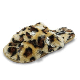 Leopard Fur Slippers - Crystal Studs Embellished Ultra Fluffy Womens Room Shoes