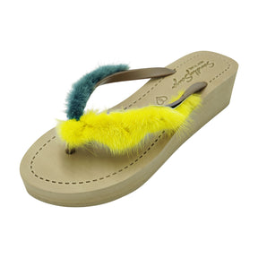 Mink Fur Yellow & Olive - Genuine Fur Mid Wedge Flip Flops Sandals