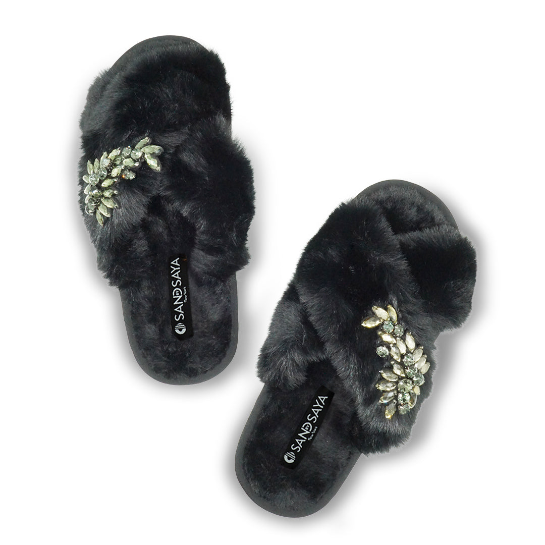 Black Fur Slippers - Black Manhattan Crystal Rhine Stone  Embellished Fluffy Womens Room Shoes