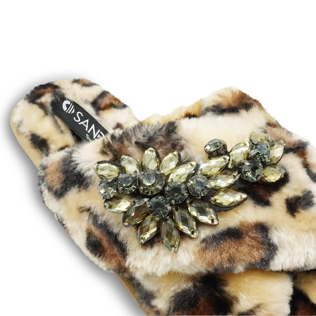 Leopard Fur Slippers - Black Manhattan Crystal Rhine stone Embellished Fluffy Womens Room Shoes