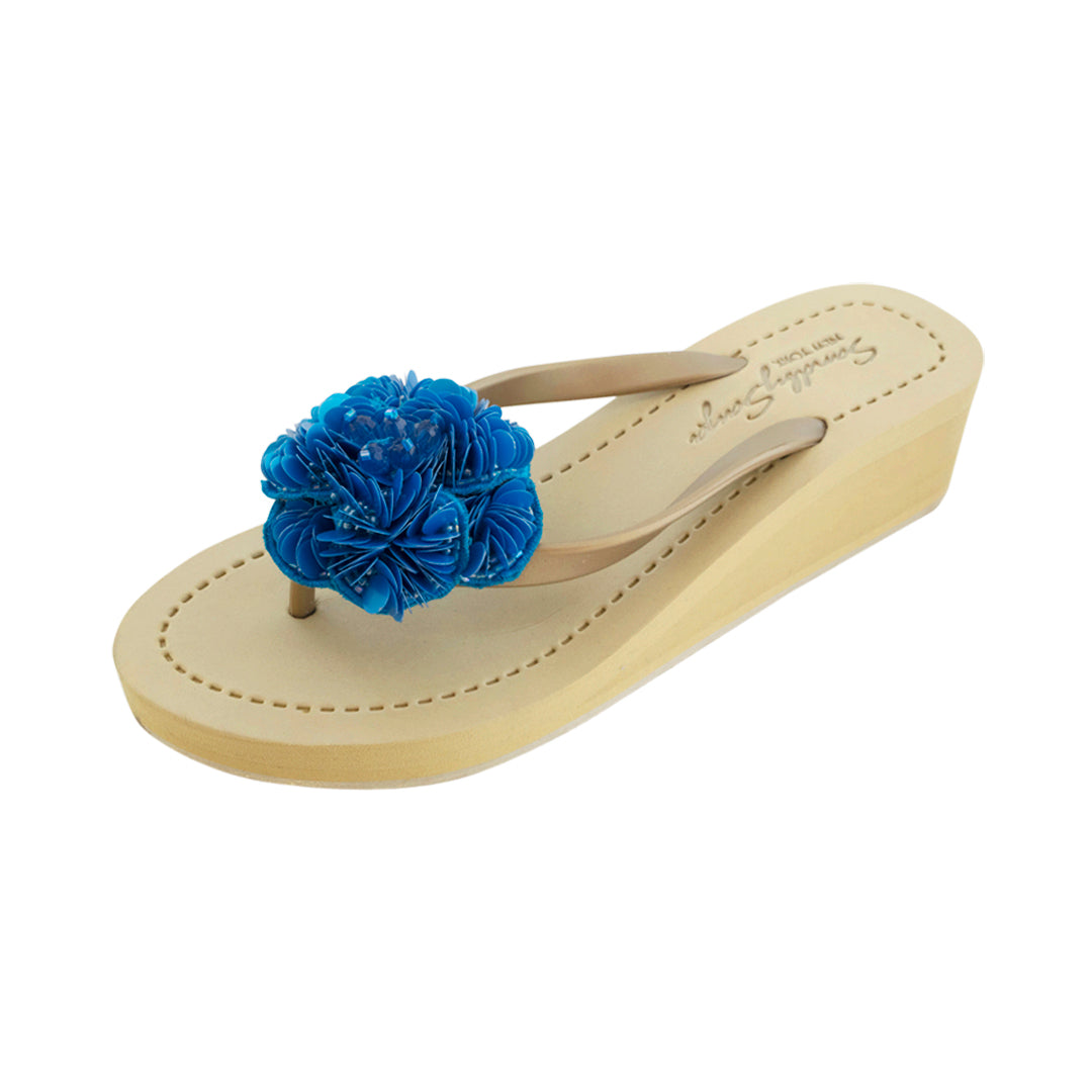 Noho Blue Flower - Sequence Embroidered Mid Wedge Flip Flops