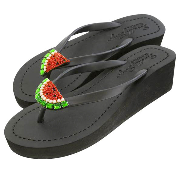 Watermelon - Rhinestone Mid Wedge Flip Flops