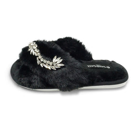 Black Fur Slippers - Nomad Crystal Rhine Stone Embellished Fluffy Womens Room Shoes