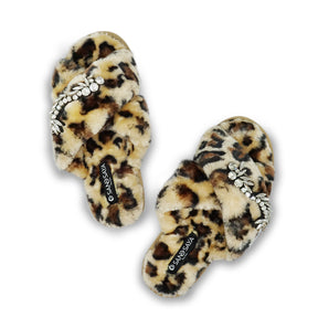 Leopard Fur Slippers - Nomad Crystal Embellished Rhine Stone Fluffy Womens Room Shoes