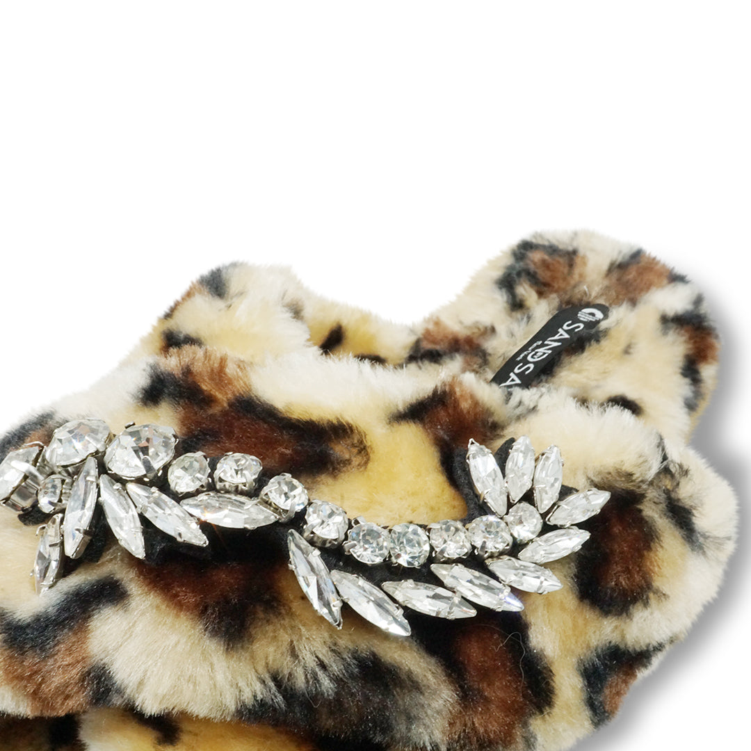 Leopard Fur Slippers - Nomad Crystal Embellished Rhine Stone Fluffy Womens Room Shoes