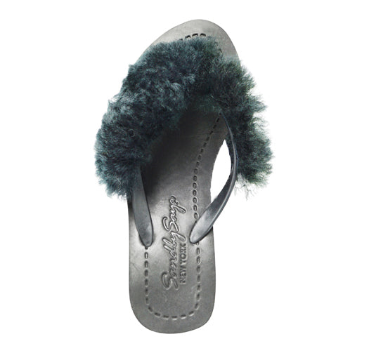Sheep Fur - Black Genuine Fur Embellished Women's High Wedge Flip Flops Sandal