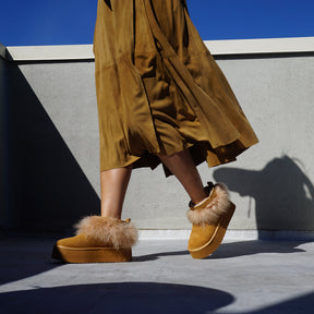 Platform Boots with Real Feather Trim-Women's Genuine Suede Boots