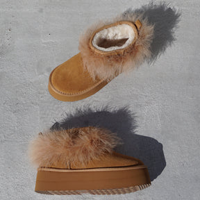 Platform Boots with Real Feather Trim-Women's Genuine Suede Boots