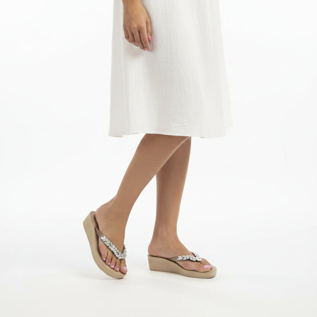 Greenwich - Crystal Rhinestone Embellished Mid Wedge Flip Flops