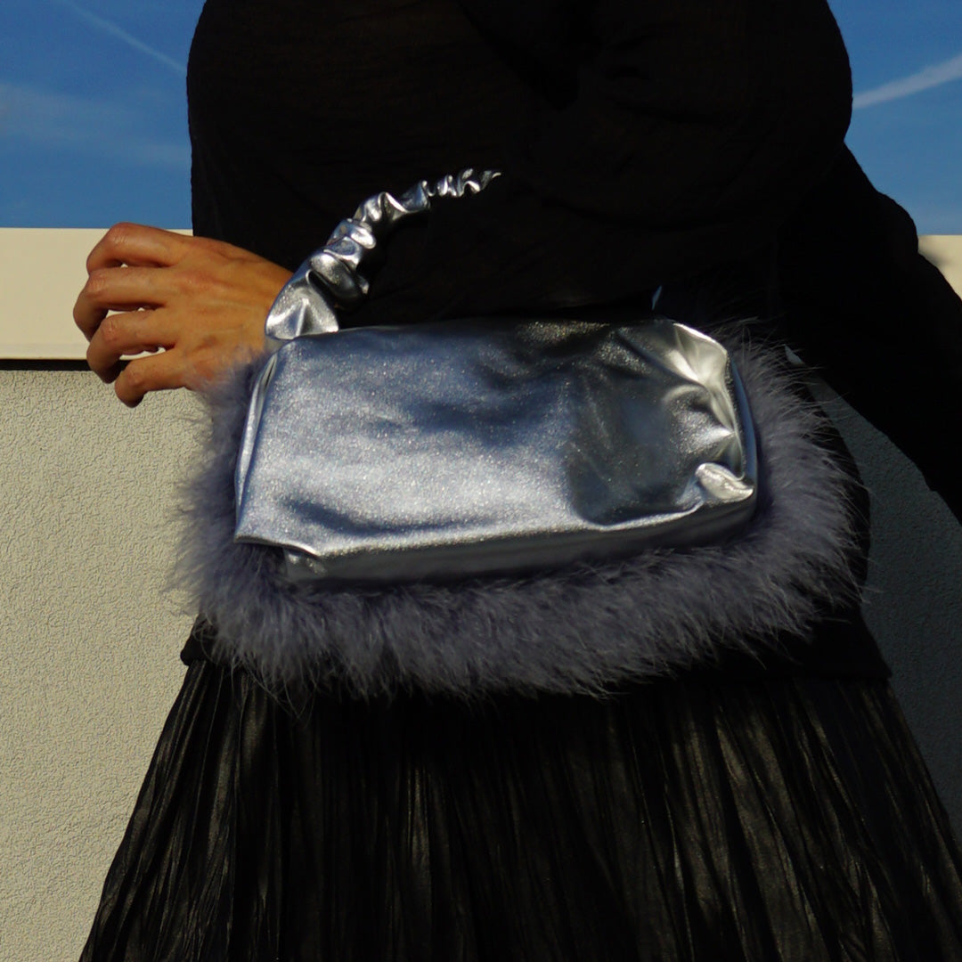 Silver Feather Faux Leather Bag