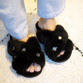 Black Fur Slippers - Studs Crystal Embellished Fluffy Womens Room Shoes