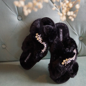 Black Fur Slippers - Nomad Crystal Rhine Stone Embellished Fluffy Womens Room Shoes