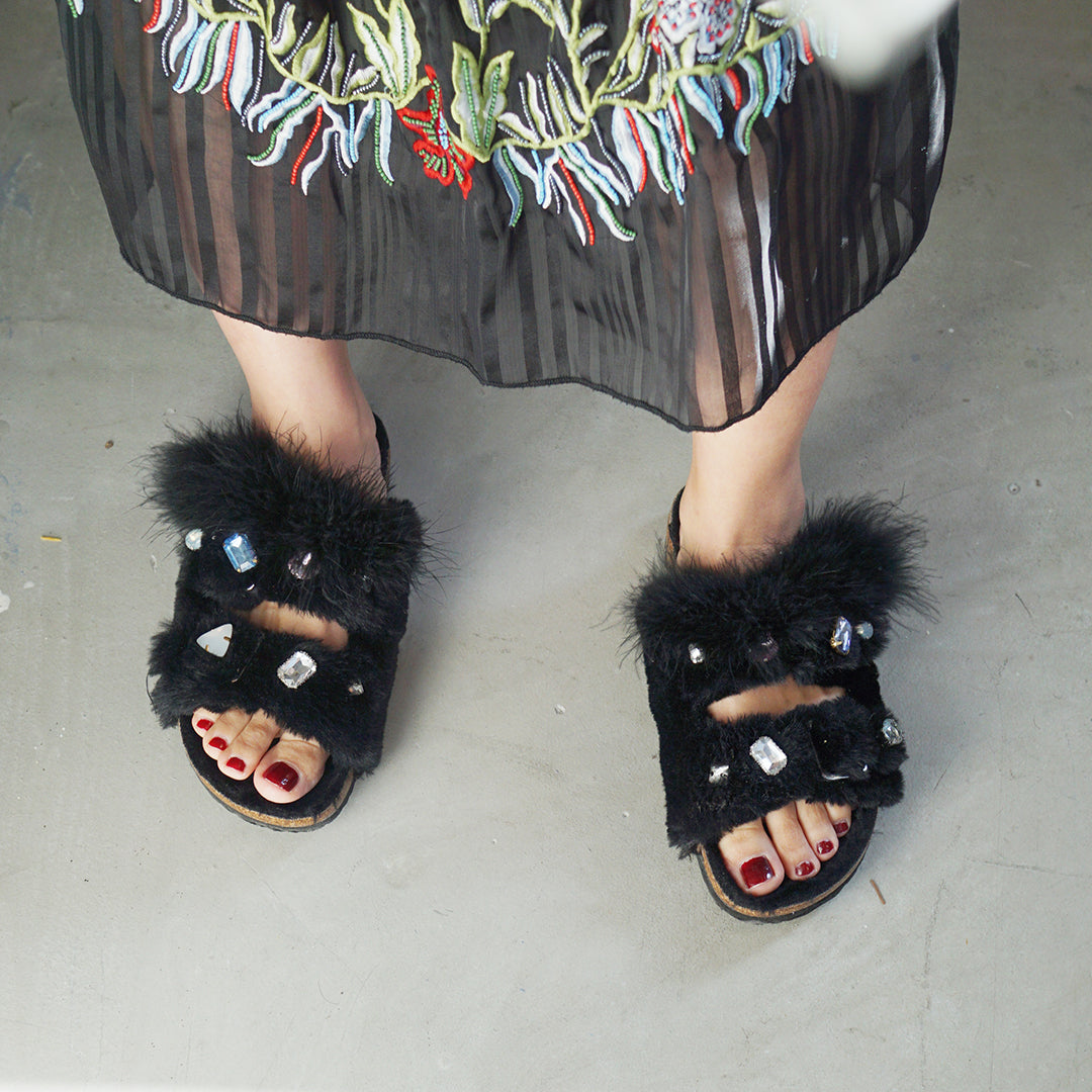 Mink Pom Pom Real Fur Slide - Espadrille Flat Sandals for Women 7M