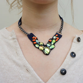 Cactus- Ribbon Collar Necklace - Rhine Stone Embroidered Accessory