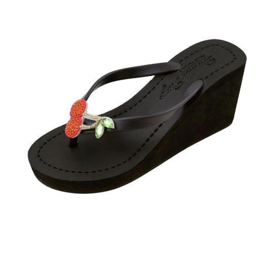 Black Women's High Wedge Sandals with Cherry, Flip Flops summer