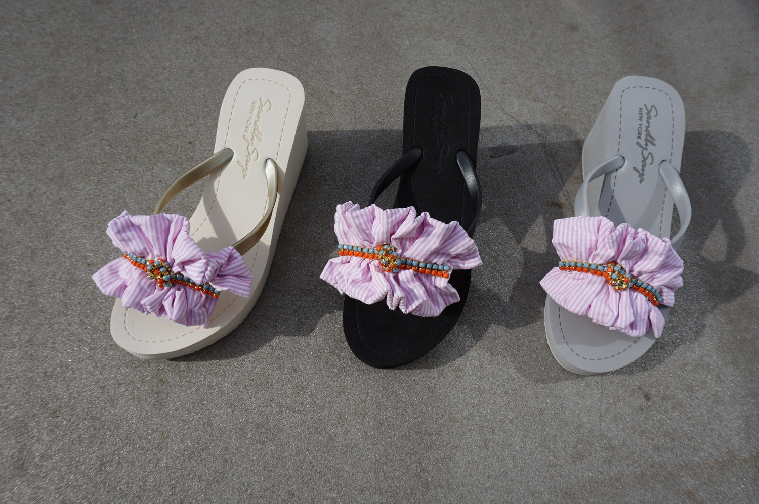 Pink Hudson Stripe Rhine Stone Embellished Women's High Wedge Flip