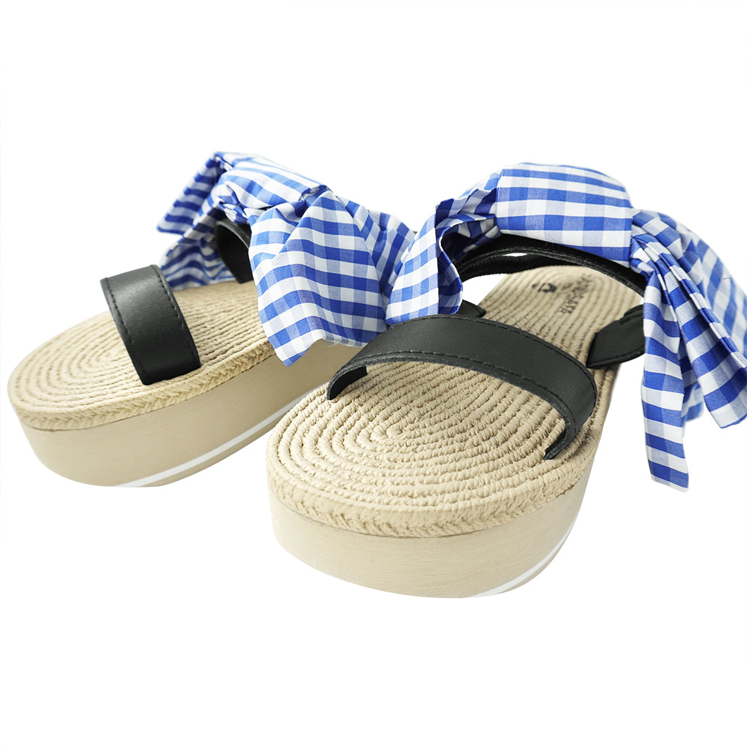 Moore- Oversized Gingham Blue Bow_Waterproof Espadrille Platform wedge heel  sandals