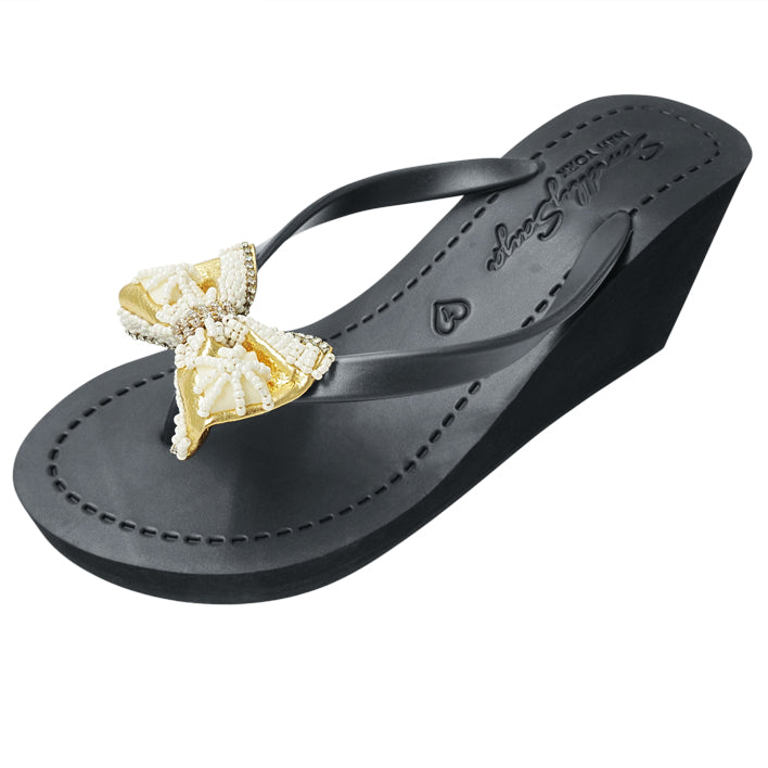 Gold and Pearl bow- Embellished Women's High Wedge Flip Flops Sandal