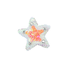 Blue and pink sequin star, gold ribbon