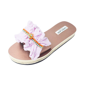 Stripe Bow Motif rhine stone chain Pink Espadrilles Flat Sandals