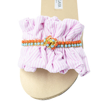 Stripe Bow Motif rhine stone chain Pink Espadrilles Flat Sandals