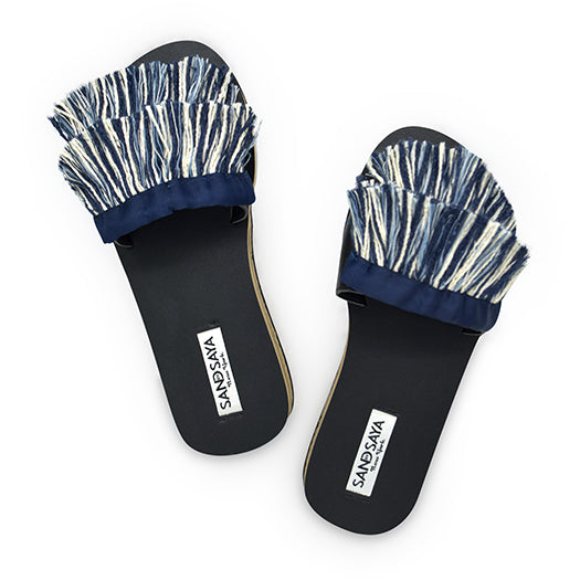 Irving-Stripe Fringe- White and Blue Stripe Waterproof Espadrille Flat