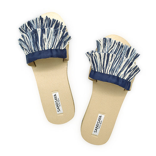 Irving-Stripe Fringe- White and Blue Stripe Waterproof Espadrille Flat