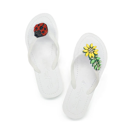Ladybug & Daisy - Red and Yellow Embellished motifs Flat Flip Flops Sandals