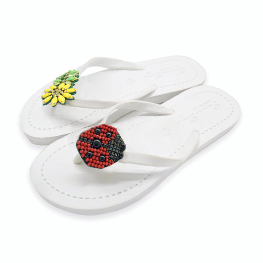 Ladybug & Daisy - Red and Yellow Embellished motifs Flat Flip Flops Sandals