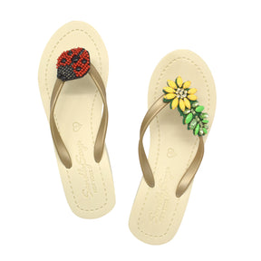 Ladybug & Daisy - Red and Yellow Embellished motifs Women's High Wedge Flip Flops Sandal