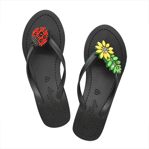 Ladybug & Daisy - Red and Yellow Embellished motifs Women's High Wedge Flip Flops Sandal