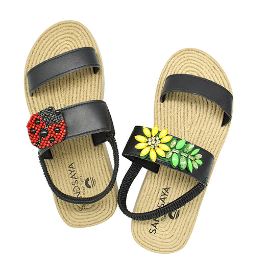 Ladybug and Daisy- Waterproof Espadrille Platform Wedge Sandals -Red and Yellow Embellished motifs