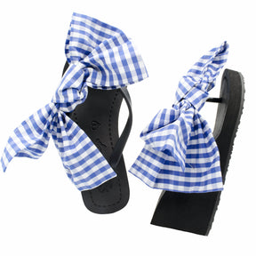 Gingham white blue ribbon sandal