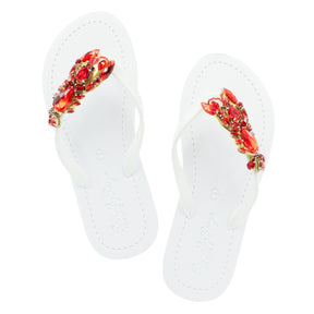 Lobster - Red  Rhinestone Embellished Women Flat Flip Flops Sandal